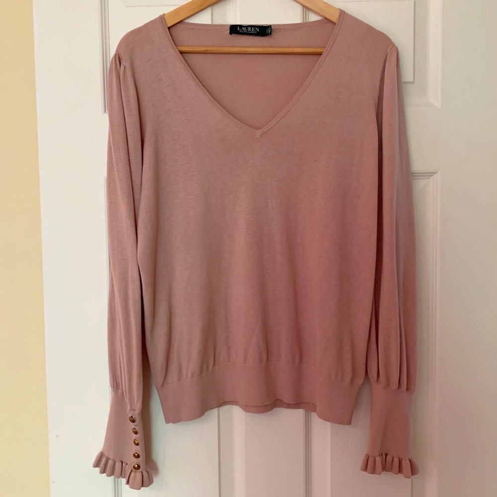 NWHT 🌸 Lauren Ralph Lauren Ruffled Cuffs Sweater Colton/Modal Dusty Ro…